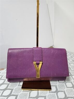 YVES SAINT LAURENT Calfskin Leather Ligne Y Clutch Bag Purple